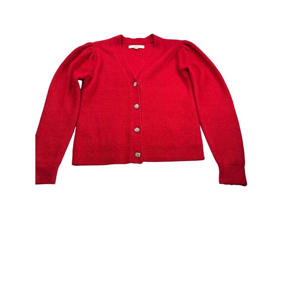 Loft Womens Fuzzy Red Button Front Cardigan Sweater Size S Rhinestone Buttons - Picture 3 of 9